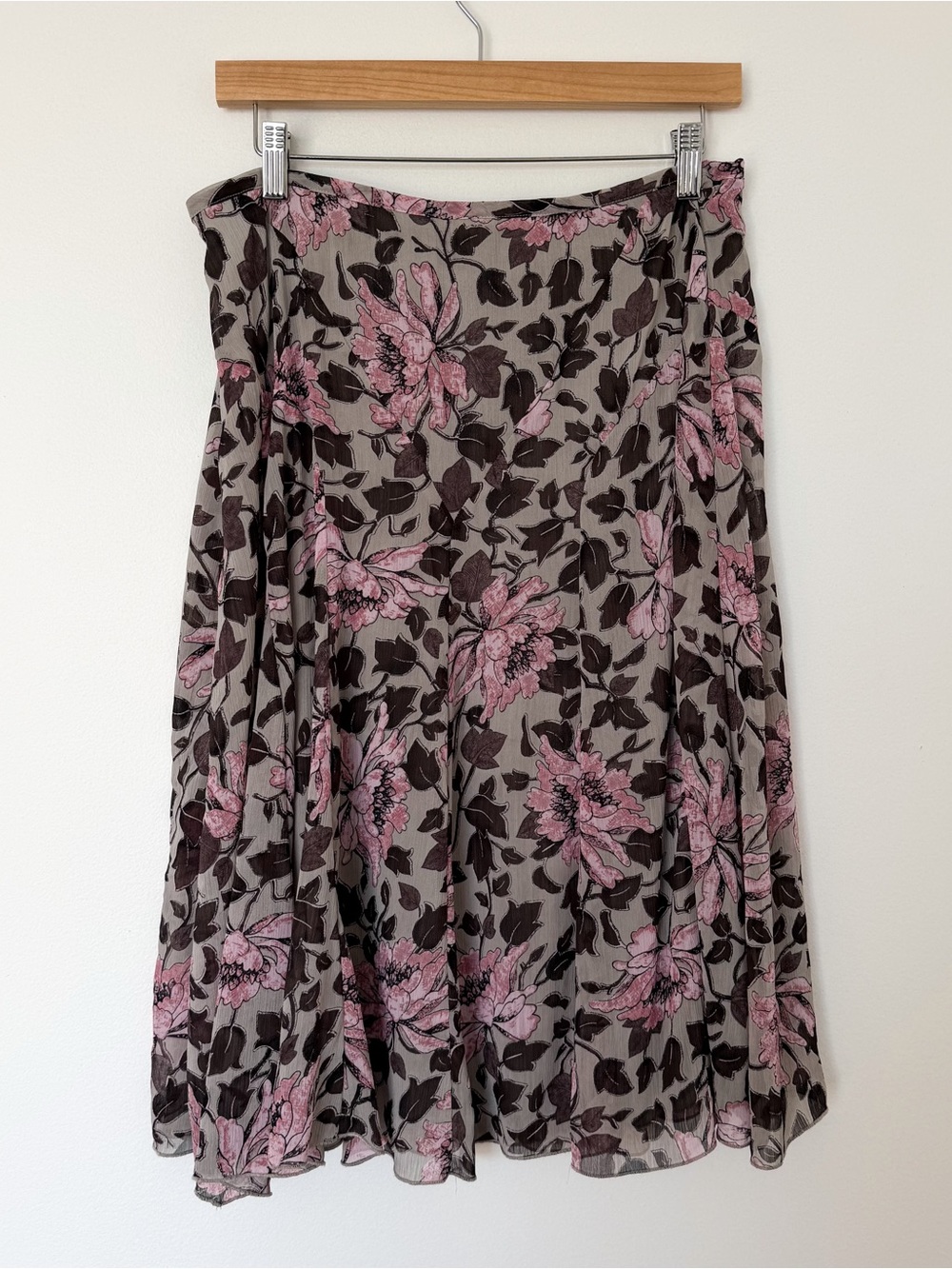 Y2K Pink and Brown Boho Flowy Floral Print Midi Low Rise Skirt